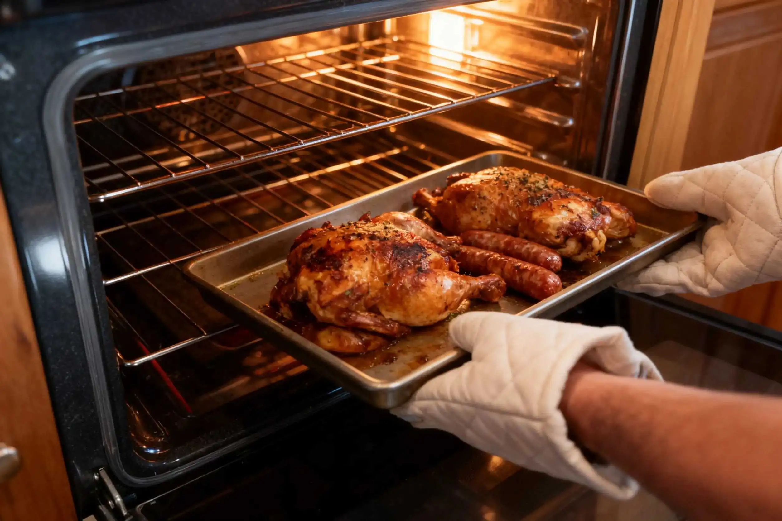 Hands wearing white oven mitts taking a baking tray with roasted chickens and sausages out of a lit oven in a kitchen