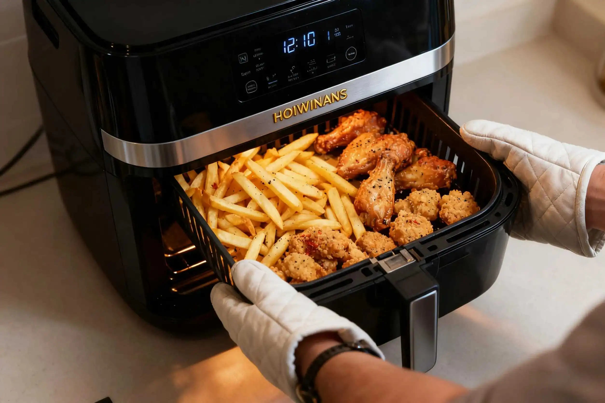 Hands in white oven mitts pulling out a basket of fries, chicken wings, and nuggets from a black HOIWINANS air fryer with a digital display showing 12:10 in a kitchen