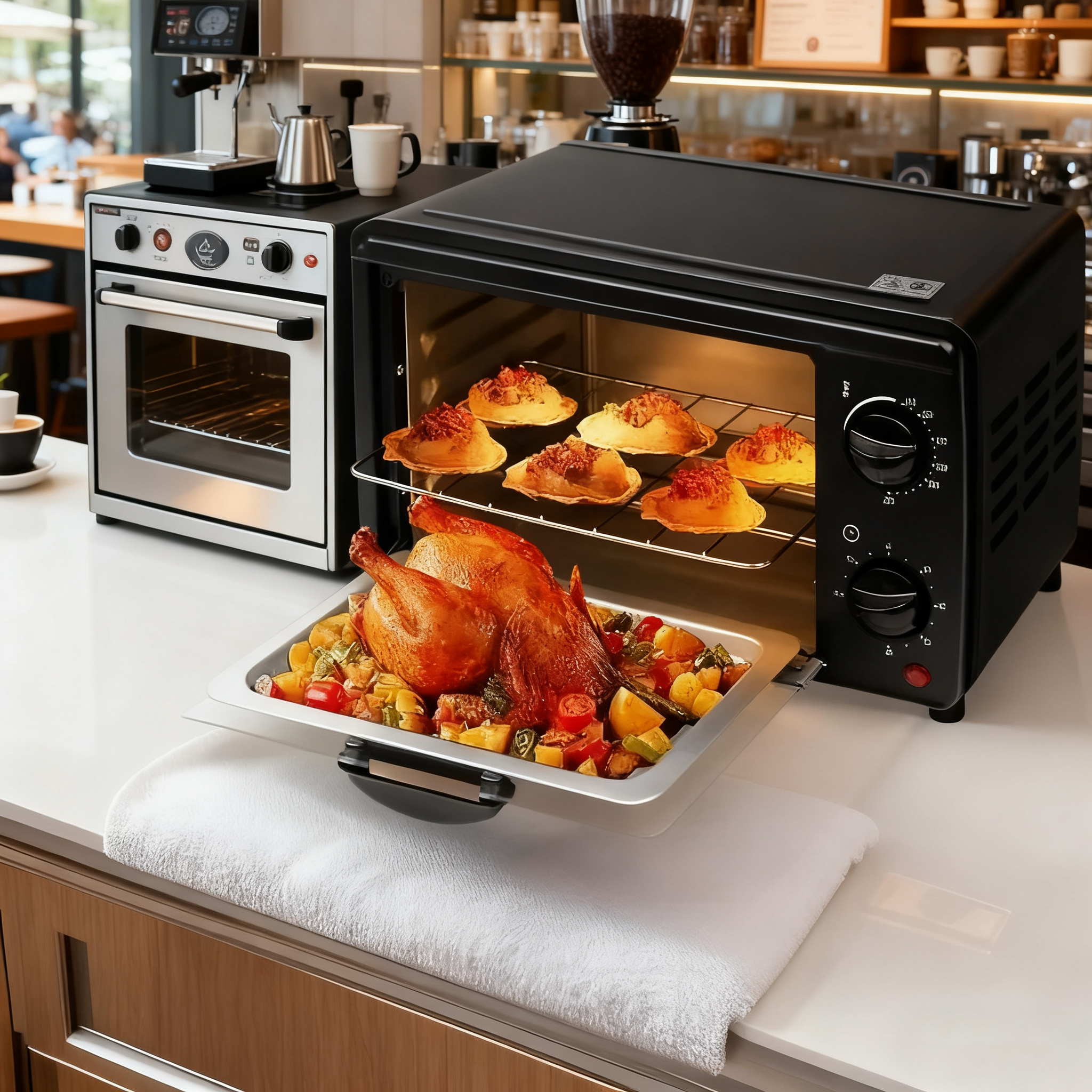 A black toaster oven with its tray pulled out, showcasing a roasted chicken and mixed vegetables, and several pastries baking inside. It's placed on a white kitchen counter in a cozy café setting, with coffee-making equipment and other kitchen appliances in the background.