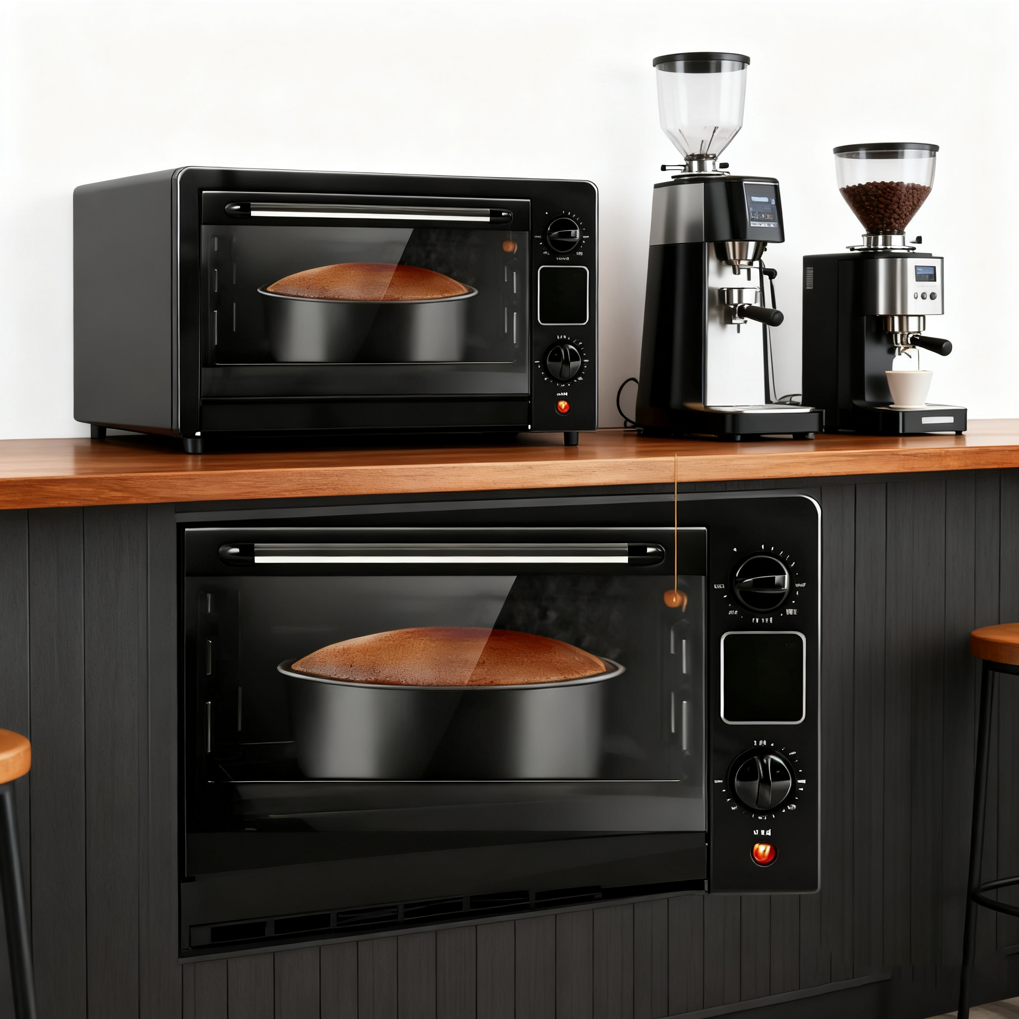 A black toaster oven and a built-in black oven, both baking a round cake, placed on a wooden countertop and integrated into a dark wooden kitchen setup respectively. Beside the toaster oven, there are coffee-making appliances including a grinder and an espresso machine. The scene is set in a modern kitchen with a clean, organized aesthetic.